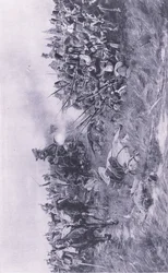 Il 28º Reggimento di Gloucester riceve la cavalleria francese a Waterloo, 18 giugno 1815, illustrazione da British Battles on Land and Sea, 1915