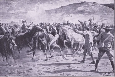 La cattura dei cavalli nel distretto di Brandwater vicino a Fouriesburg: radunare la mandria, illustrazione da After Pretoria: The Guerilla War, 1902