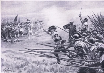 La carica della fanteria realista a Naseby, giugno 1645, illustrazione da British Battles on Land and Sea, 1915