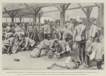 Truppe per il Sudafrica, 7º Distaccamento Ingegneri Reali, da Dublino, ai Docks di Southampton accanto al Castello di Braemar