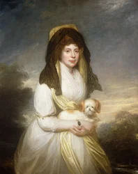 Ritratto della regina Carlotta, a tre quarti, in un vestito bianco, uno scialle giallo e una mantiglia nera, con un cane maltese, nei giardini di Frogmore House