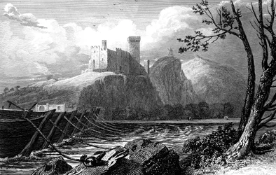 Il Castello di Beaucaire e un ponte di barche sul Rodano, Francia, 1824