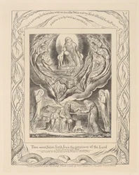 Libro di Giobbe, Tavola 5, Satana che Esce dalla Presenza del Signore e la Carità di Giobbe