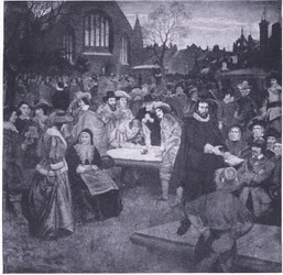 Firma del National Covenant nel cimitero di Greyfriars nel 1638, da Cassells History of the British People, pubblicato dalla Waverley Book Company Limited, 1940 circa
