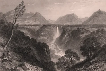 Vista delle Cascate delle Marmore vicino a Terni, Umbria, Italia, incisione su acciaio di James Tibbitts Willmore dopo un disegno di William Brockedon