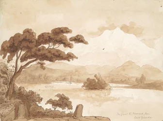recto: Scena di paesaggio con lago e montagne