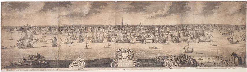 Una prospettiva meridionale della fiorente città di New York nella provincia di New York in America, inciso da John Harris, 1717-18