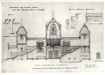 Dettagli degli ingressi, scale, porta della camera della fornace e corrimano, (New Big School), Rugby School, 1844