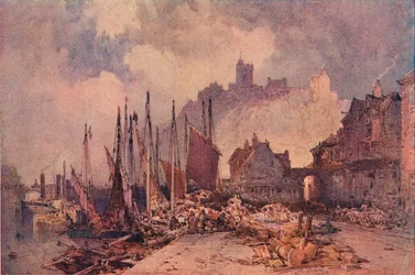 Mercato del pesce sul molo, porto di Folkestone, c1885