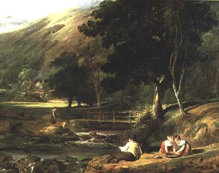 Borrowdale, Cumberland, con bambini che giocano vicino a un ruscello