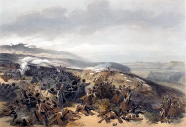 Seconda carica delle guardie quando ripresero la batteria a due cannoni nella battaglia di Inkerman, inciso da Edmond Morin (1824-82) da The Seat of War in the East - First Series, pubblicato da Colnaghi