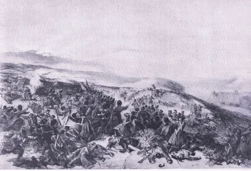 Seconda carica delle Guardie, quando ripresero le due batterie di cannoni alla Battaglia di Inkerman, illustrazione da British Battles on Land and Sea, 1915