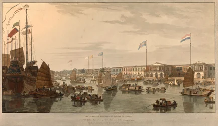 Posti di commercio europei (Compagnie delle Indie Orientali) a Canton, Cina. Disegnato e inciso da William Daniell (1769-1837) 1805
