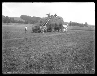 Carro di fieno, lavoratori agricoli e bambini, mostrando l