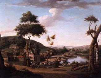 Paesaggio fluviale con figure fuori da un cottage