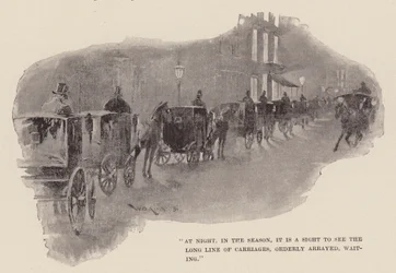 Di notte, nella stagione, è uno spettacolo vedere la lunga fila di carrozze, ordinatamente disposte, in attesa (incisione)