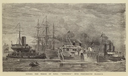 Traino del relitto della HMS Eurydice nel porto di Portsmouth