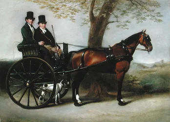 Due gentiluomini in una carrozza trainata da un cavallo baio sulla strada per cacciare con il loro cane da punta