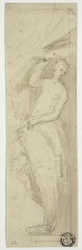 Figura femminile che solleva la tenda