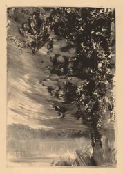 Paesaggio al chiaro di luna con albero a destra