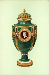 Vaso, Sèvres, fondo verde (litografia a colori)