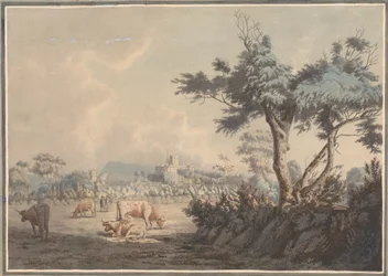 Paesaggio, castello e bestiame