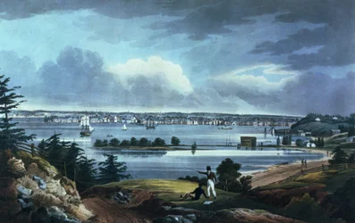 New York dalle alture vicino a Brooklyn, 1820-23 (acquatinta colorata)