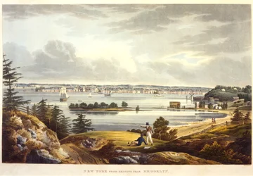 New York dalle alture vicino a Brooklyn, inciso da John Hill