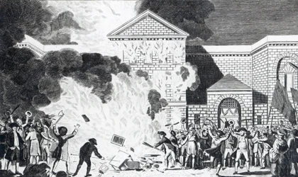 Le devastazioni causate dai rivoltosi di Londra che incendiano la nuova prigione di Newgate e bruciano i mobili del signor Akerman, 6 giugno 1780, inciso da T. Thornton