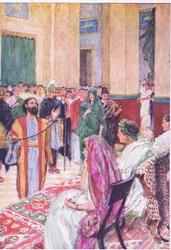 Paolo davanti ad Agrippa, dalla Storia della Bibbia pubblicata da Hodder & Stoughton, c.1930 (litografia a colori)