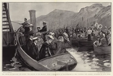 La crociera del Re e della Regina, il ritorno di Sua Maestà da una caccia al cervo a Kinlochmore alla Victoria e Albert, ancorata a Loch Leven