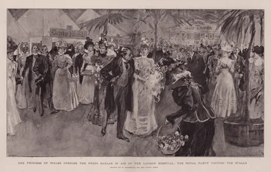 La Principessa del Galles apre il Press Bazaar a favore del London Hospital, la festa reale visita le bancarelle