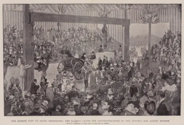 La visita della regina a South Kensington, Sua Maestà posa la prima pietra del Victoria and Albert Museum