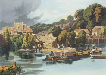 Castello di Wallingford nel 1810 durante le riparazioni del ponte, inciso da Robert Havell il Giovane, pubblicato nel 1818