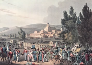 Battaglia di Vittoria, 1813, portando i prigionieri, inciso da I. Clarke, acquaforte di M. DuBourg