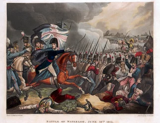 Il Duca di Wellington (1769-1852) con truppe in avanzamento alla Battaglia di Waterloo, illustrazione da un poema narrativo del Dr. Syntax, 1818