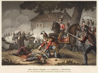 Le Guardie a Cavallo alla Battaglia di Waterloo, uno degli ufficiali uccide un colonnello francese e taglia la sua spallina in trionfo, inciso da M. Dubourg, 1819