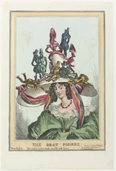 Donna con grande cappello su cui siedono figure maschili