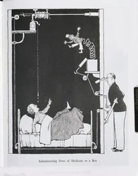 Somministrazione di una dose di medicina a un ragazzo, illustrazione da 