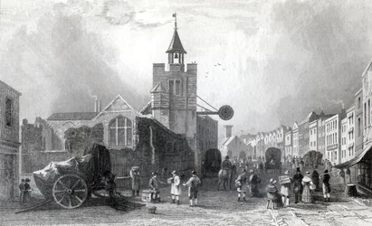 High St. con la Chiesa di San Nicola, Colchester, Essex, inciso da Charles Mottram, 1831