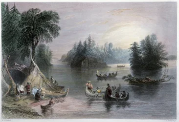 Tipi e canoe indiani, rive del San Lorenzo - in "Canadian scenery illustrated" di W.H. Bartlett, Londra