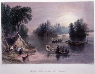 Accampamento indiano sulle rive del Saint Laurent - in "Canadian scenery illustrated" di Bartlett W. H.