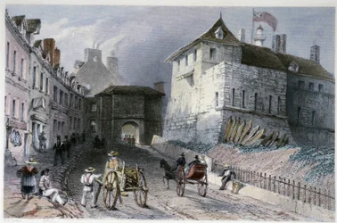 La porta "Priscott Gate" a Quebec City, Canada - in "Canadian Scenery illustrated" di William Henri Bartlett, ed. George Virtue