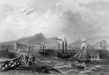 Molo e Porto di Leith, inciso da Robert Wallis, c.1820