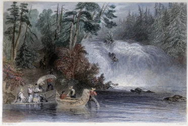 Uomini che trasportano canoe al passaggio di un torrente dai coloni - in "Canadian scenery illustrated" di W.H. Bartlett, Londra