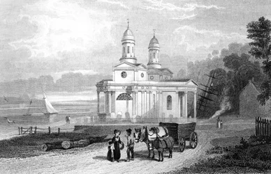 Chiesa di Mistley Thorn, vicino a Manningtree, Essex, incisa da Henry Adlard, 1832
