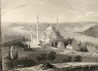 Moschea e tomba di Solimano, dalla Torre del Seraskier, Istanbul, Turchia, inciso da H. Adlard