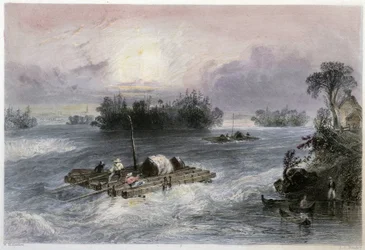 Trasporto di legname e rapide al villaggio di Cedars - in "Canadian scenery illustrated" di Bartlett W. H.