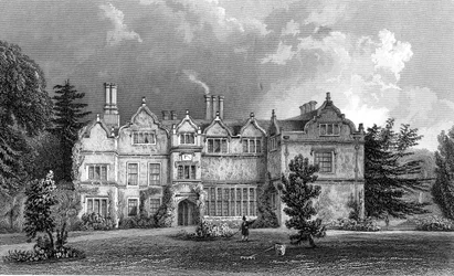 Facciata ovest di Spains Hall, Essex, inciso da John Rogers, 1832