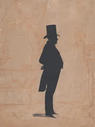 Silhouette di un uomo sconosciuto con cilindro e frac, 1828-83.